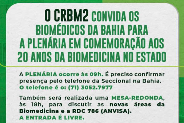CRBM2 promove Plenária e Mesa Redonda em comemoração aos 20 anos da Biomedicina na Bahia